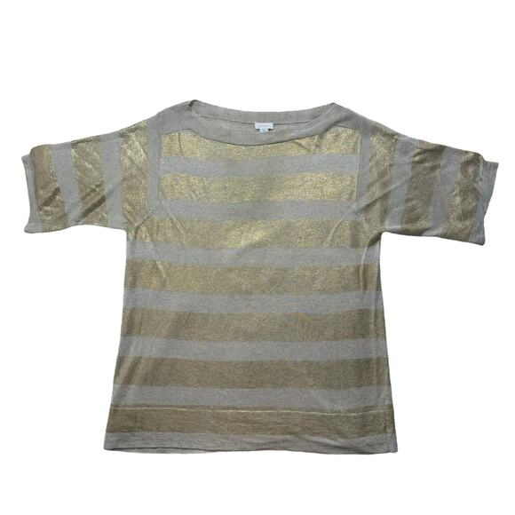 CHICOS Gold Tan Stripe Linen Blend Short Sleeve Relaxed Knit Top Size Large (2) - Picture 4 of 9